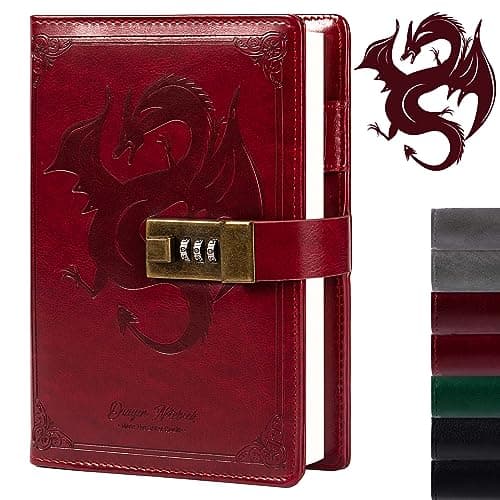 Image of Dragon Leather Journal Notebook, Diary with Combination Lock, Lined/Blank Paper Notebook, B6 Writing Journals Stationery (Wine)