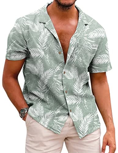 Image of COOFANDY Mens Hawaiian Shirts Summer Short Sleeve Floral Aloha Shirt Regular Fit Beach Tropical Tops Green S