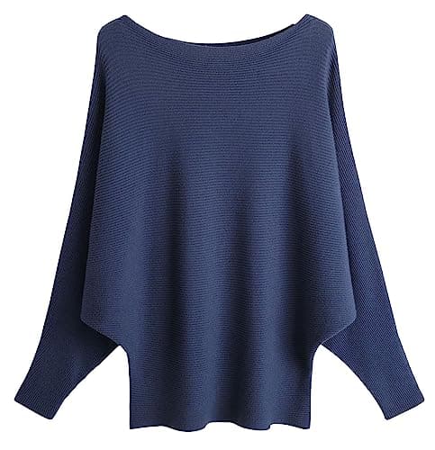 Image of FULIER Boat Neck Batwing Sleeves Dolman Knitted Sweaters and Pullovers Tops for Women One Size (Navy Blue)