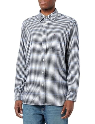 Image of Tommy Hilfiger Men’s Long Sleeve Brushed Gingham Overcheck Cotton Shirt with Breast Pocket, Blue (Carbon Navy/Multi), L