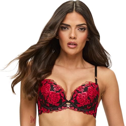 Image of Ann Summers Endless Attraction Padded Plunge Bra – Underwired Bra with Floral Embroidery & Gold Hardware – Sculpting Women’s Underwear – Bold & Supportive Womens Lingerie (Black/Red)