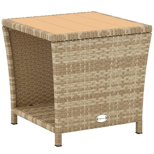 Image of Outsunny 2-Tier PE Rattan Side Table with Storage Shelf, Square Outdoor Coffee Table with PS Wood Slat Top, UV-Resistant for Patio, Garden, Balcony, Khaki