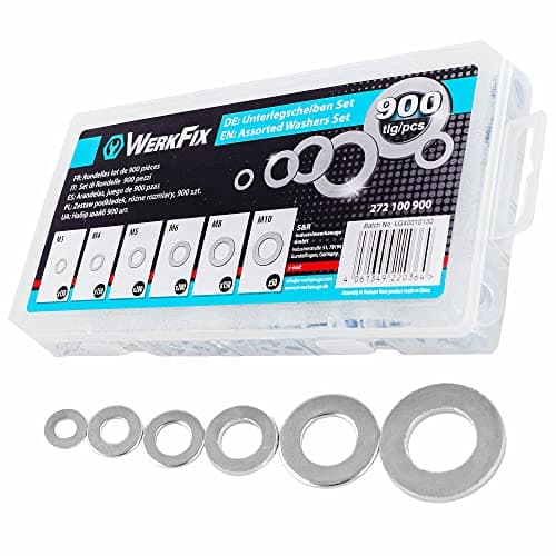 Image of S&R WerkFix Flat Washers Set, 900 Piece Assortment, Flat, M3, M4, M5, M6, M8, M10, in Transparent Lockable Box with 6 Compartments