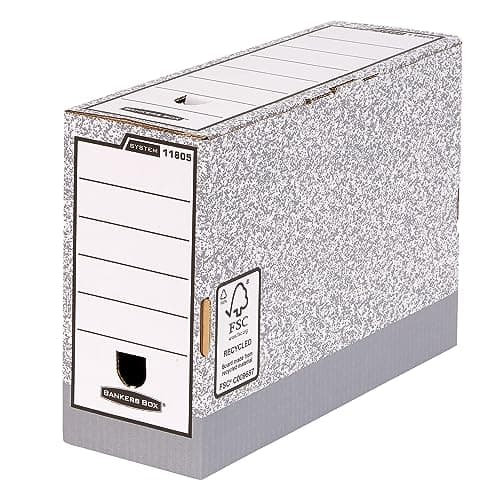 Image of 10 BANKERS BOX A4 System Foolscap Transfer Box Files - Cardboard Transfer Boxes for Foolscap, Folio and Paperwork - W12 x H25.5 x D36cm - Pack of 10 - Grey