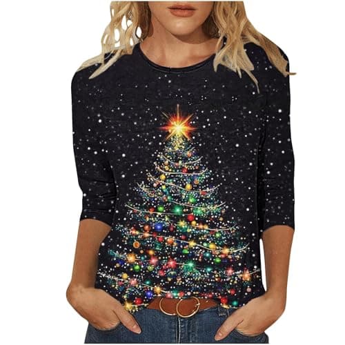 Image of Keepink Christmas Tops for Women Plus Size Womens Xmas Jumpers Festive 3/4 Sleeve Round Neck Blouse Christmas Tree T-Shirt Dressy Casual Shirts Holiday Seasonal Everyday Wear