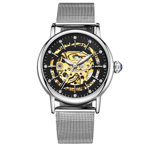 Image of RORIOS Automatic Mechanical Watch Women Luminous Skeleton Dial Stainless Steel Dial Ladies Watches, Black B, Dress