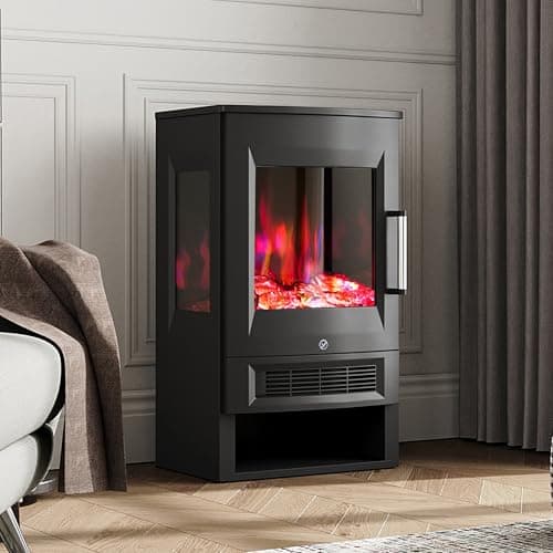 Image of Warmiehomy Electric Fire Stove, Black Panorama Freestanding Electric Fireplace, 8 Colors Flame Effect & Coal Fuel Bed Effect Available, APP & Remote Control, 45° Tip Over Protection