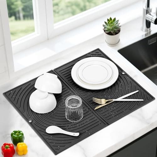 Image of Silicone Draining Board Mats, Large Dish Drying Mat for Kitchen Counter, Folding Sink Drainer Mat, Non-Slip Silicone Trivet, Quick Drying, Heat Resistant, for Sink Countertop, 51×41cm (Black)