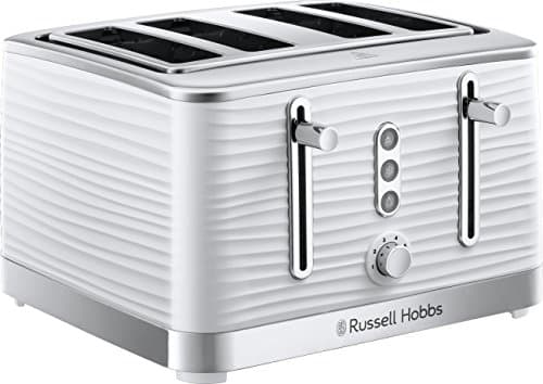 Image of Russell Hobbs Inspire 4 Slice Toaster (Extra wide slots, High lift feature, 6 Browning levels, Frozen/Cancel/Reheat function with Blue LED illumination, 1800W, White textured high gloss) 24380