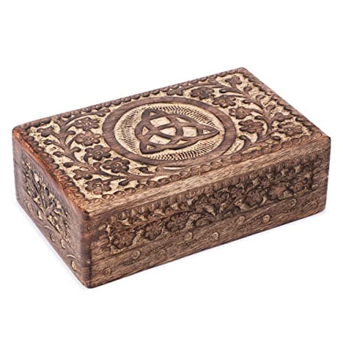 Image of Ajuny Wooden Hand Carved Decorative Jewelry Box Trinity Knot Carvings Vintage Keepsake Storage Organizer Travel Treasure Chest Trinket Holder Case Great Gifts 8x5 Inch