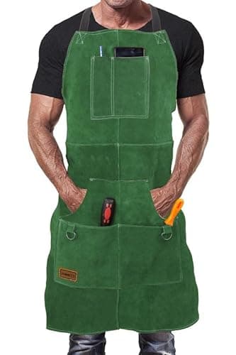 Image of DIMWELD Welding Apron. Leather Aprons for Men Workshop. Welders and Blacksmith Apron With 6 pockets for men. Heat and Flame Resistant Stitched in Kevlar - Green