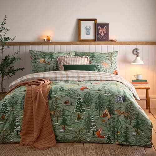 Image of furn. Lodge Wood Duvet Cover Set 100% Brushed Cotton Reversible – Warm Cosy Bedding (Oak Green – Double)