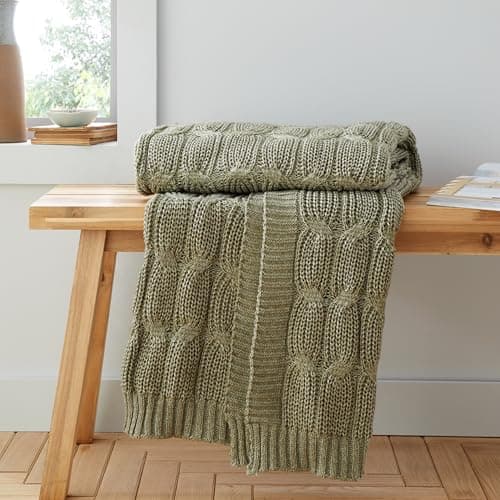Image of Catherine Lansfield Chunky Marl Knit Cosy, 130x170 cm, Blanket Throw, Olive Green