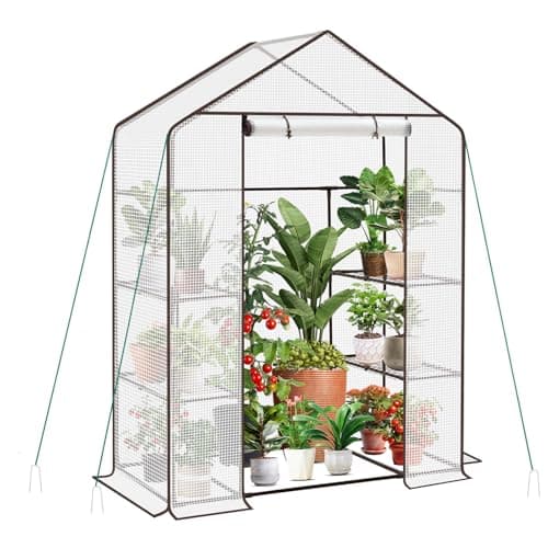 Image of Sekey Walk In Greenhouse with Shelves - Stable Frame & Easy Assembly, Outdoor Green house with Waterproof PE Cover Plastic Greenhouse, All-Weather Protection, White (White(M))