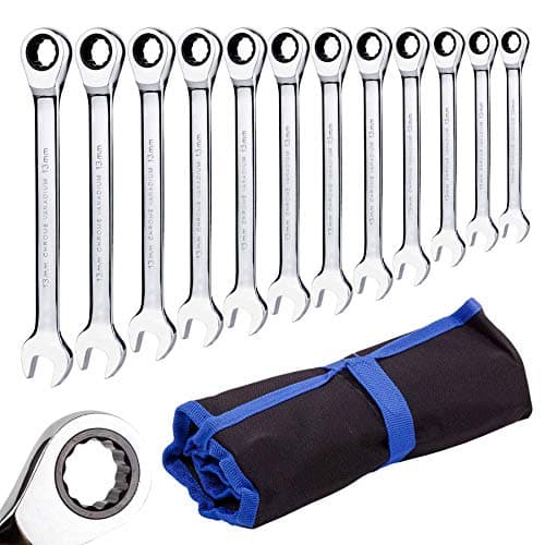 Image of Qnkaa Ratchet Spanner Set Combination Wrench 12 Piece Metric Sizes from 8mm to 19mm with Roll Bag, Perfect for Home, Bike, Car Repairs