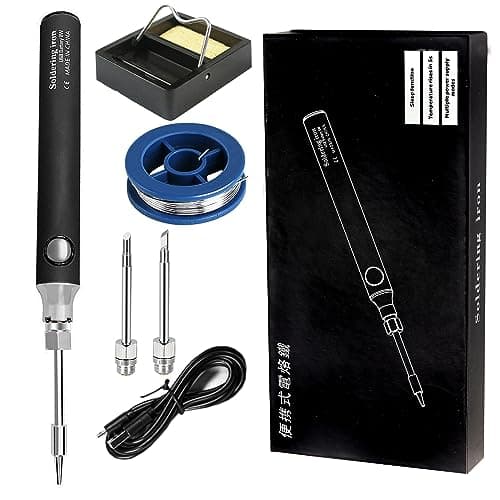 Image of Treedix Soldering Iron Kit, 8W Welding Tools with Adjustable Temperature 330 to 450℃, Cordless Electric Soldering Iron/USB Charging Cable/Soldering Stand/3pcs Tips for Soldering and Repair (Black)