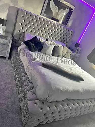 Image of Bespoke Beds Grey Crushed Velvet Upholstered Regal Ambassadar Bed Frame and Headboard - Hand Made in the UK - Double/Kingsize/Superking (Bed Frame, King size 5ft)