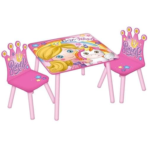 Image of URBNLIVING Kids Wooden Table & 2 Chairs Themed Set Furniture for Play Room Study Desk Toddlers Junior (Princess)