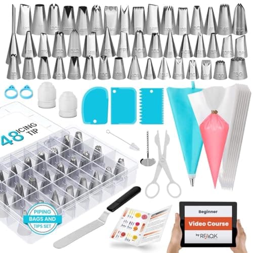 Image of Piping Bags and Nozzles | RFAQK 100 PCs Cake Decorating Kit with Spatula-Cake Scraper-48 Numbered Piping Nozzle & Piping Bag-Reusable Silicon Bag-Pattern Chart, EBook & Icing Bags and Nozzles Set