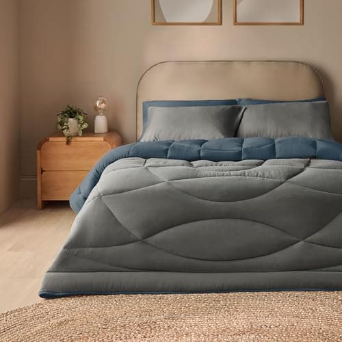 Image of Silentnight Coverless Luxury Washed Duvet & Pillowcase Set - Soft Stylish 10.5 Tog Two Reversible Colours Bed Quilt - All Year Round Comfort No Cover Needed, Blue & Charcoal, Single