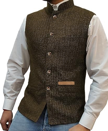 Image of Yiaisafa Mens Stand-Up Collar Suit Vests Retro Tweed Waistcoat Hipster Vintage Wedding Groomsman Wool Cowboy Lined S-3XL, Brown, Medium
