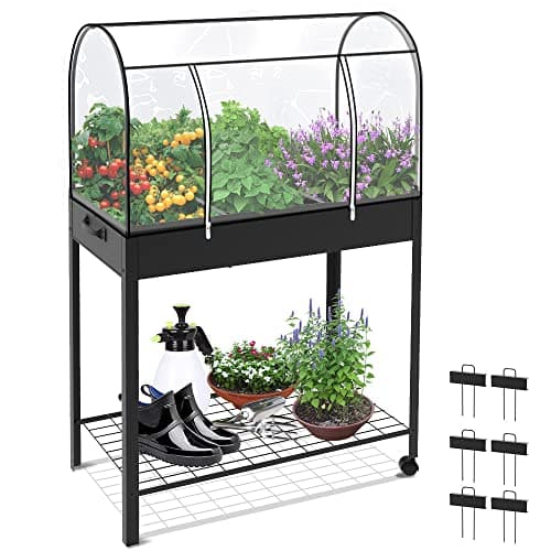 Image of VOUNOT Raised Bed Garden, Mobile Metal Planter with Wheels and Bottom Shelf for Vegetables, Plants and Flowers, Outdoor, Green, 80.5x130x43cm
