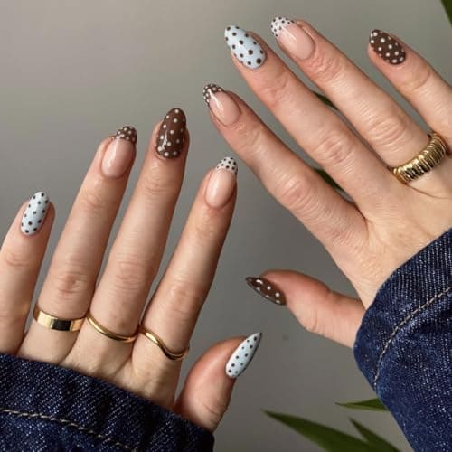 Image of Xanthelle Press on Nails, short stick-on nails, brown fake nails with design, 24-piece full-cover nail set for women, reusable, easy to apply