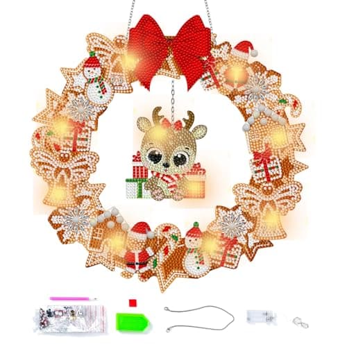 Image of SPEPROECO DIY Diamond Art Christmas Wreath with LED Lamp and Pendant,Diamond Painting Christmas Decorations,Crystal Rhinestone Xmas Wreath Hanging Ornaments for Christmas Party New Year