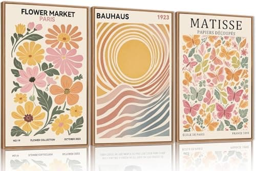Image of TOARTi Boho Flower Market Framed Canvas Wall Art Set, Matisse Floral Wall Decor, Abstract Botanical Wall Painting, Nature Floral Illustration Art Prints for Living Room, Bedroom, Office 12x16inchx3
