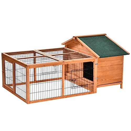 Image of PawHut Wooden Rabbit Hutch Outdoor, Guinea Pig Hutch, Detachable Pet House Animal Cage with Openable Run & Roof Lockable Door Slide-out Tray 146 x 95 x 69cm
