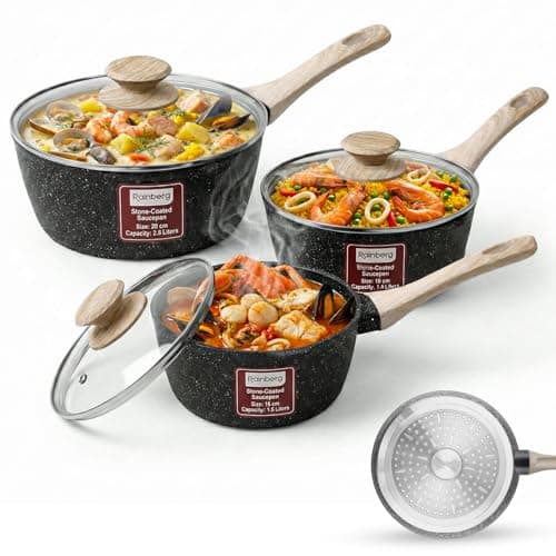 Image of Rainberg Saucepan with Lid, Nonstick Milk Pan Suitable with Induction, Gas and Electric Hobs, Cooking Pot with Pour Spout. (Black, 3PK 16-18 & 20cm)