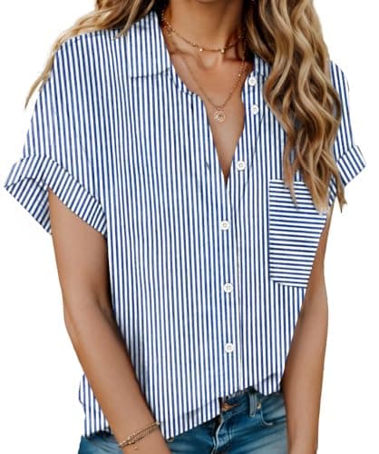 Image of HOTOUCH Shirts for Women UK Short Sleeve Blouse Cotton V Neck Shirt Ladies Blouses Loose Fitted Shirt Button Down Work Tops Blue Stripe L