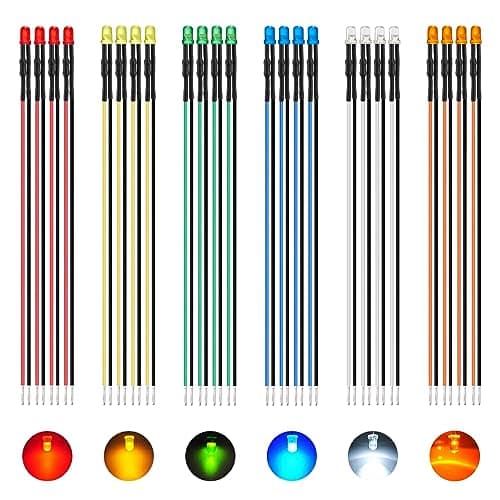 Image of AUKENIEN 60pcs 3MM 12V LED Diodes Lights Emitting Diode Pre-Wired Kit 6 Colors DC 12 Volt White Red Yellow Green Blue Orange Round LED Lighting Lamp with Resistor and Wire
