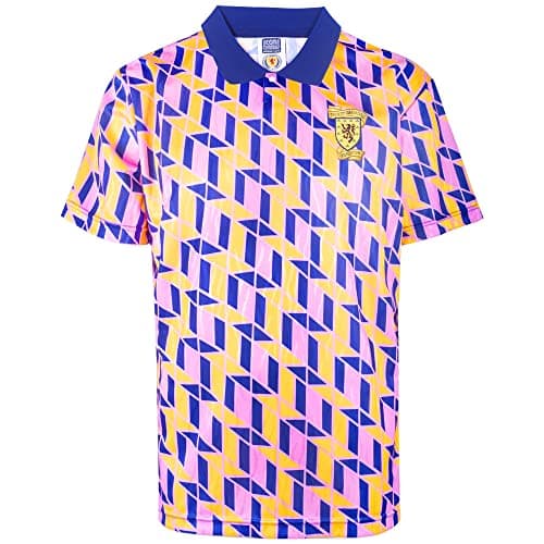 Image of Score Draw Scotland 1990 Third Retro Football Shirt Navy/Yellow/Pink Medium Polyester
