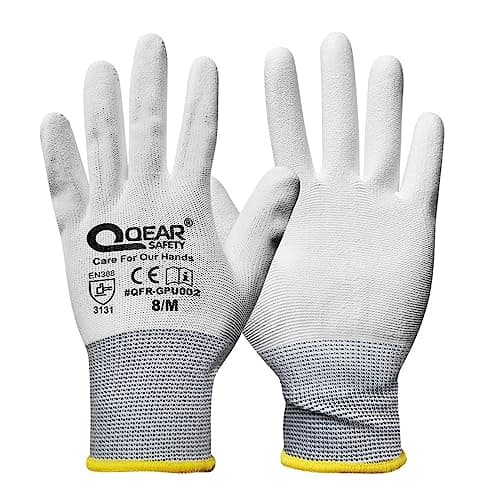 Image of QEARSAFETY 12 Pairs White Thin PU Palm Coated Work Safety Gloves, Knitted Liner, Multi-Function, Light-Weight, Sensibility, Breathable, Grip, General Purpose Job Handling (8/M, white)
