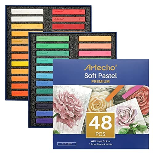 Image of Artecho 48pcs Soft Pastels, 46 Colors Including 4 Fluorescent Colors, Extra Free Black & White, Square Chalk for Drawing, Blending, Layering, Shading, Pastels Art Supplies