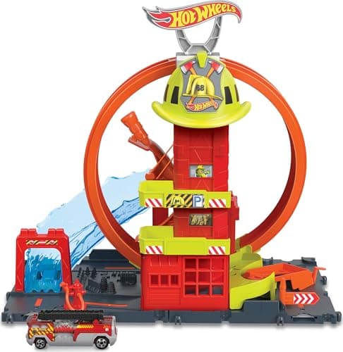 Image of Hot Wheels City with 1 Toy Car, Kid-Powered Elevator, Water-Like Ramp, Track-Play Features, Connects to Other Sets, Fire Station with Super Loop, HKX41