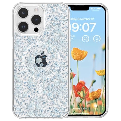 Image of RALEAVO Magnetic Case for iPhone 16 Pro, Compatible with Magsafe Cute Flower Girls & Women Clear Case Silicone Shockproof Protective Cover with Floral Pattern Case for iPhone 16 Pro-Blue Flower