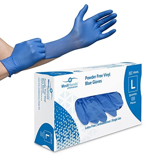 Image of Farla MediHands Blue Large Vinyl Gloves - Box of 100 Disposable Vinyl Medical Glove - Powder, Latex, & Protein Free Glove - Multi-Purpose, Single Use Surgical Gloves