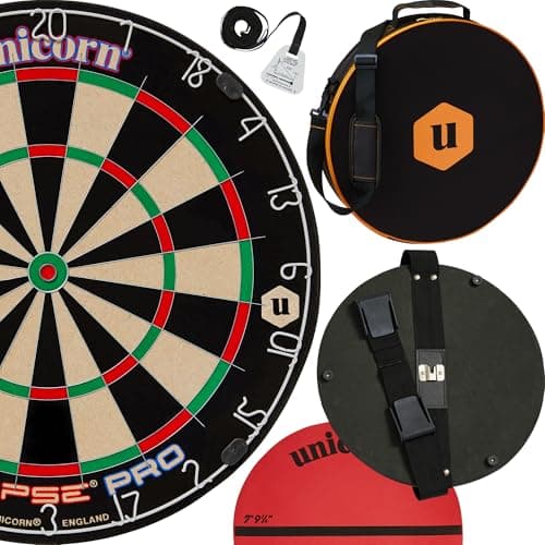 Image of Unicorn Portable Dartboard Darts Board | Unicorn on Tour | Eclipse Pro Sisal Bristle Board | with Door Fixings | Bag with Handles & Adjustable Shoulder Strap | Round Oche Mat and Ochemate Measure