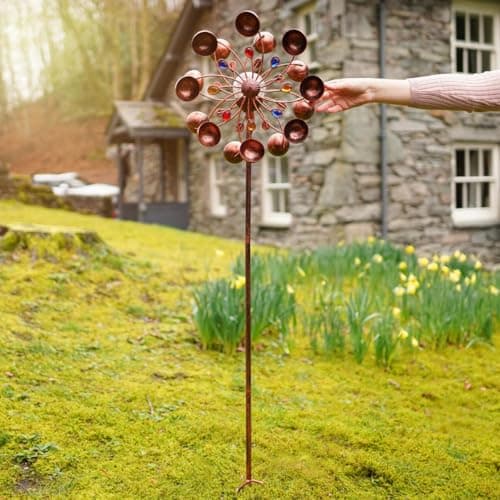 Image of Festive Lights - 1.3m 4.3ft Venti Bronze Solar Garden Wind Spinner - Multi-Coloured LED, Crackle Glass Ball, Weather-Resistant - IP44 Outdoor Light with Spinning Arms & Sturdy Ground Stake