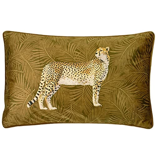 Image of Paoletti Cheetah Forest Velvet Cushion Cover – Realistic Animal Botanical Soft Durable Decorative Cushion (Gold – 50 x 30cm)