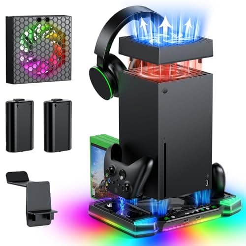 Image of Upgraded Auto Cooling Fan System and Charging Stand for Xbox Series X Console & Controllers, Accessories with 11 RGB Lights & 2X1400 mAh Rechargeable Battery Pack & Headset Stand & Game Disc Storage