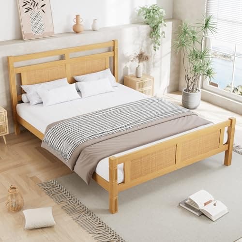 Image of ModernLuxe 4ft6 Wooden Bed Frame Double Bed 135x190cm, Rattan Headboard Design, Solid Pine & MDF with Sturdy Slats, Durable Double Bed Frame for Bedroom, Guest Room,Natural (No Mattress)