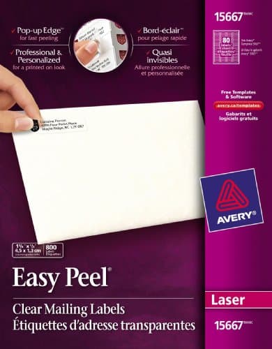 Image of Avery Easy Peel Mailing Labels For Laser Printers, 1/2 x 1-3/4, Clear, 800/Pack