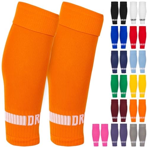 Image of DRIPsox® Football Sock Sleeves - 3 Sizes for Kids, Men, Junior, Women (S:13C-3.5, M:4-7.5, L:8+) - Multiple Colours - 1 Pair (M) Orange Football Sleeve Socks with Breathable Calf Comfort Mesh