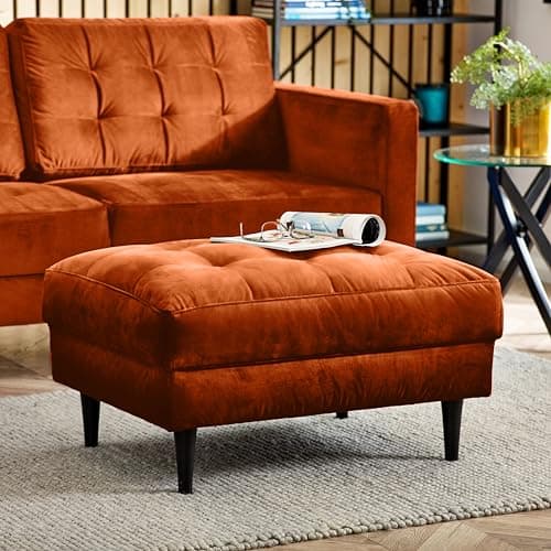 Image of Furniturebox UK Joni Burnt Orange Velvet Footstool - Upholstered Modern Orange Fabric Foot Stool with Black Wooden Tapered Legs - Square Stitching - Stylish & Contemporary Living Room Furniture