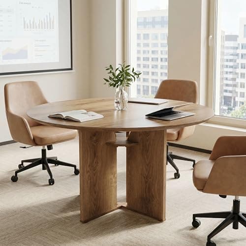 Image of Tribesigns 100cm Round Conference Table with Storage Shelf, Circular Office Meeting Table for 4 People, Stable X-Shape Pedestal Dining Table for Small Spaces, Rustic Brown