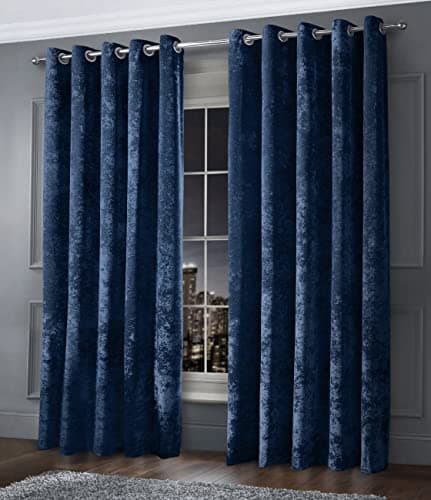Image of Intimates Luxury Fully Lined Thick Crushed Velvet Ringtop Pair of Curtains Eyelet Curtain Panels Dimout Window Treatment (Navy Blue, W 66" x L 90" (2 Panels))