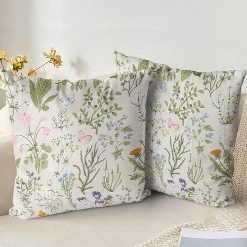 Image of XPHZZL Cushion Covers Set of 2 Pack 50 x 50 cm - Soft Sage Green Wild Flower Plant Pillow Covers for Sofa Bed Garden Outdoor Spring Decor Flower Plant with Invisible Zipper
